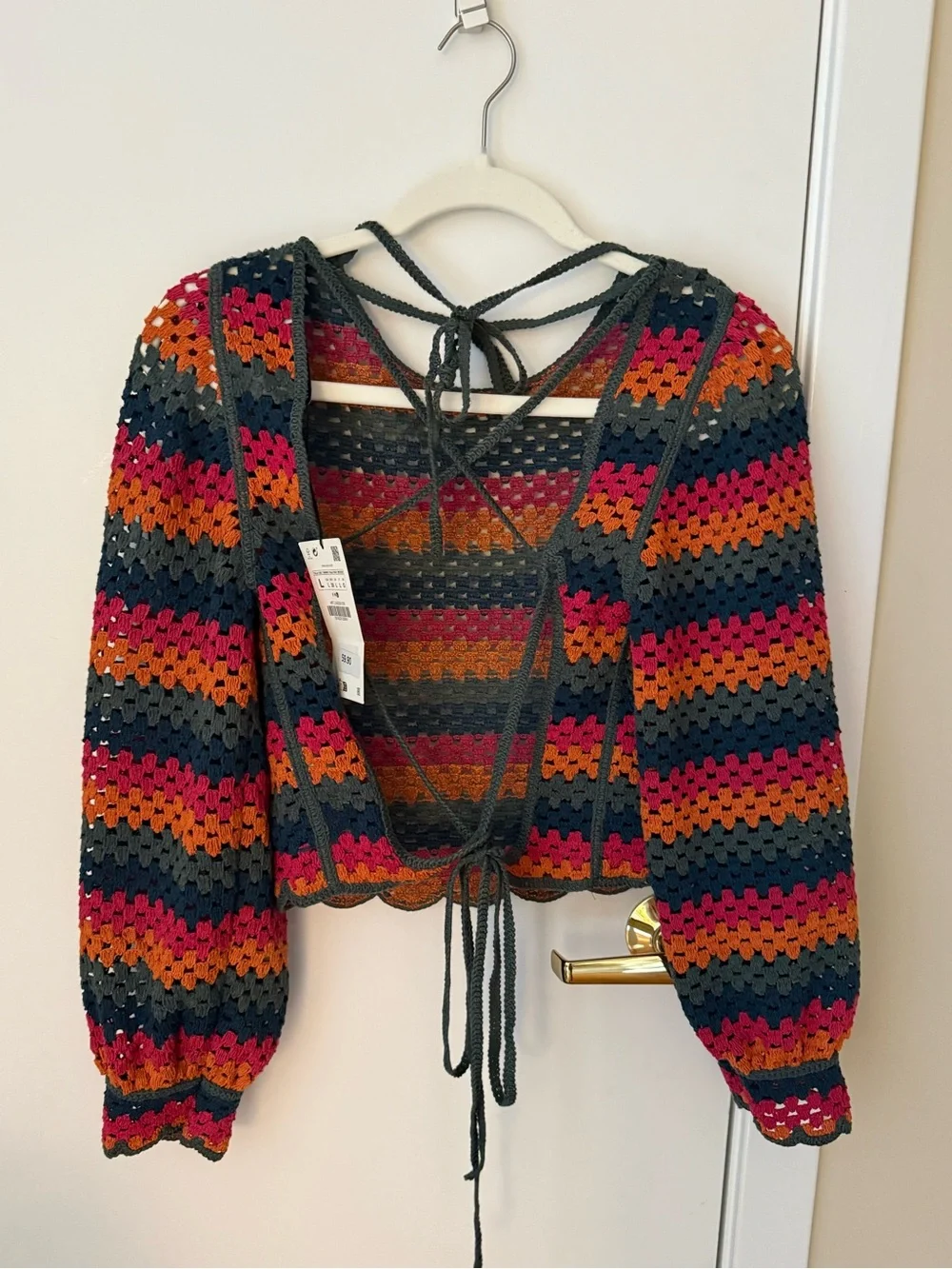 Zara Crochet Striped Puff Sleeve Top in Navy, Magenta & Orange